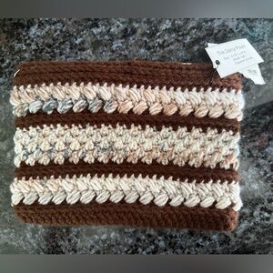 The Darcy Pouch Brown and Cream Hand Knit Wristlet Bag - Handmade